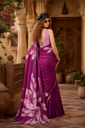 Stunning Satin Silk Floral Printed Saree With Unstitched Blouse(Wine)