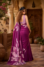 Stunning Satin Silk Floral Printed Saree With Unstitched Blouse(Wine)