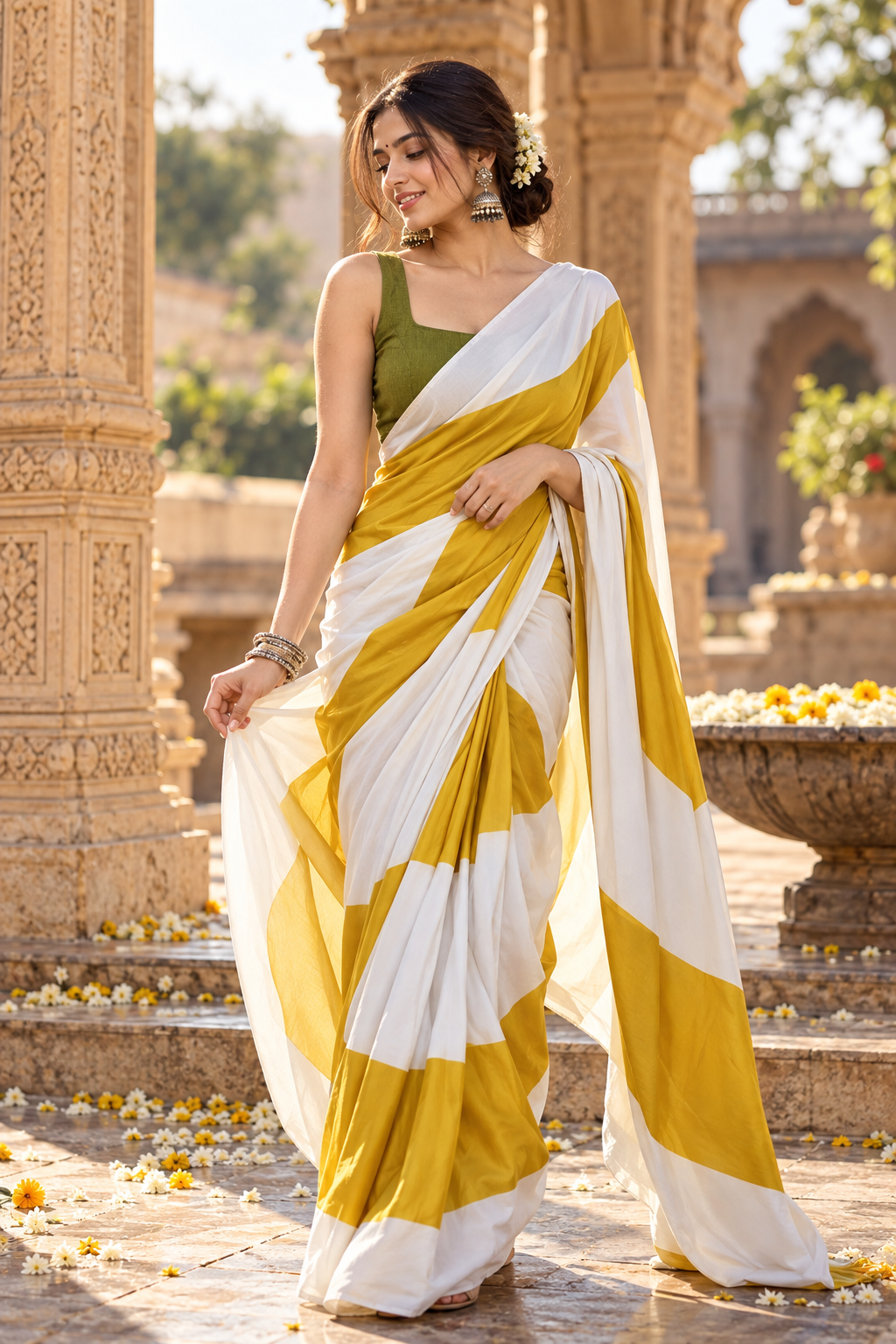 Satin Silk Printed Saree With Unstitched Blouse(Yellow)