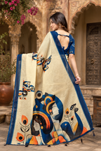 Linen Printed Saree With Unstitched Blouse(Beige)