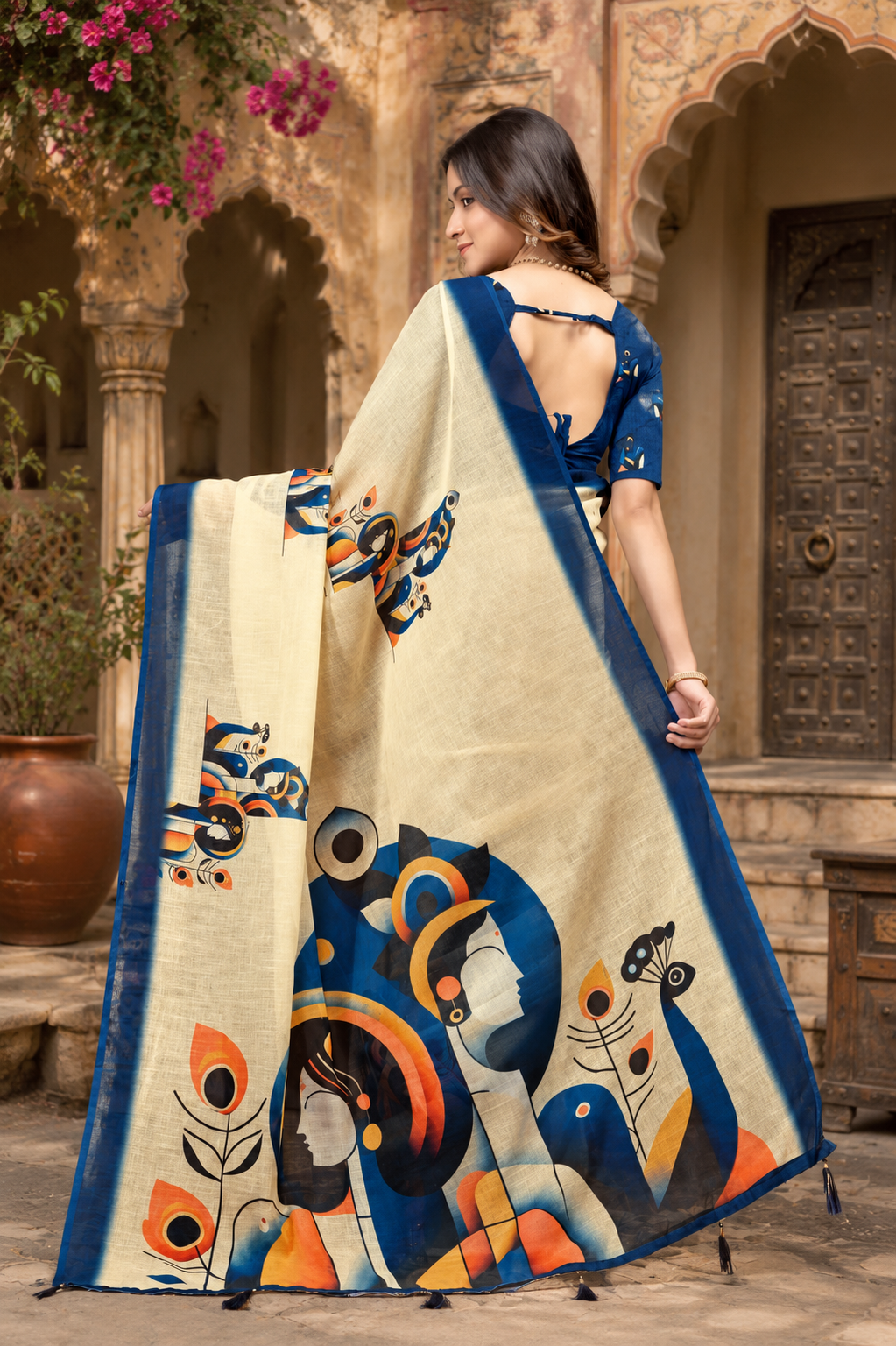 Linen Printed Saree With Unstitched Blouse(Beige)