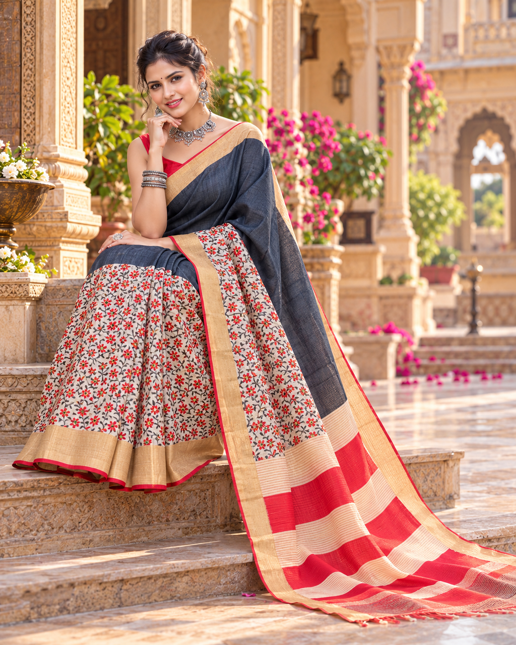 Tussar Silk Kalamkari Print Saree With Unstitched Blouse(Black)