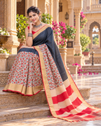 Tussar Silk Kalamkari Print Saree With Unstitched Blouse(Black)