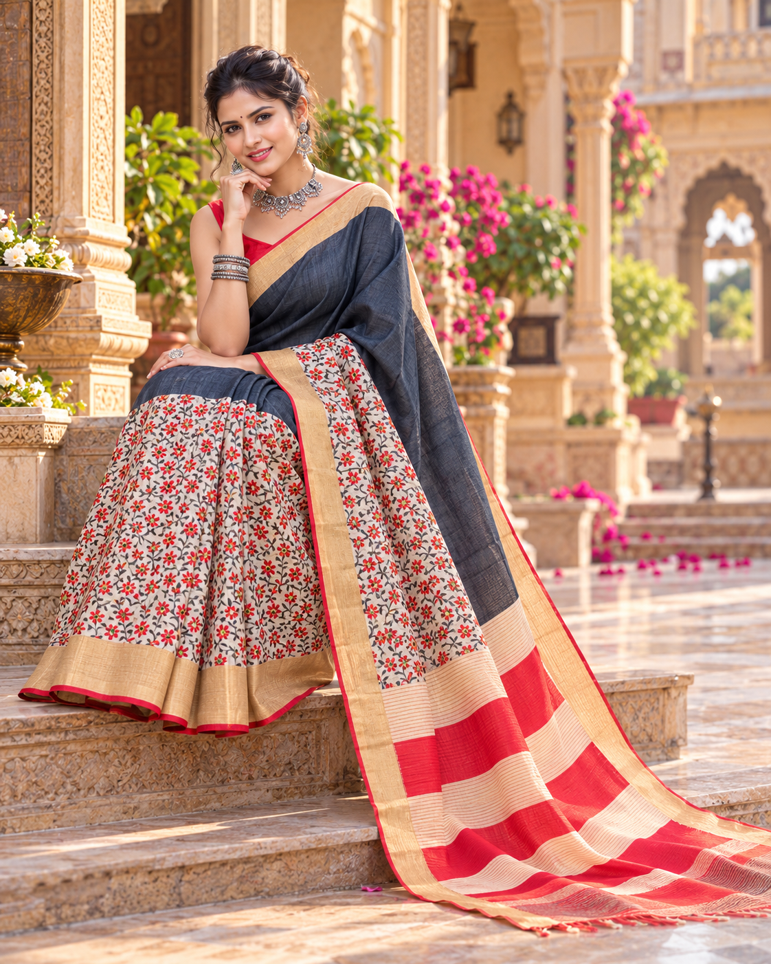 Tussar Silk Kalamkari Print Saree With Unstitched Blouse(Black)