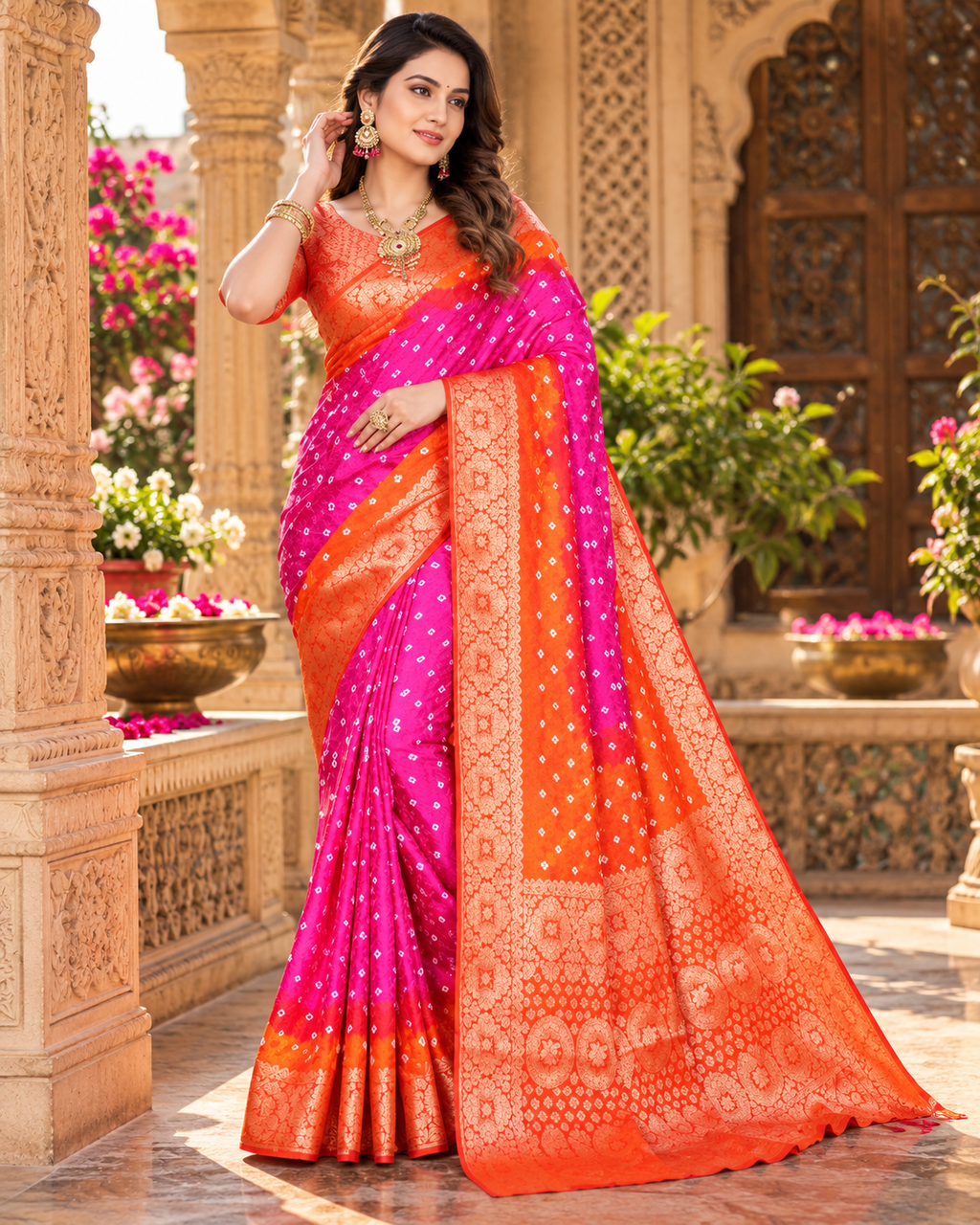 Satin Silk Bandhan Bhej Zari Border Work Saree With Unstitched Blouse(Brink Pink)