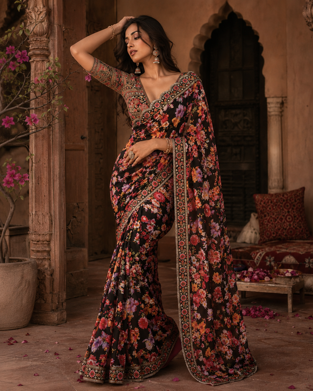 Georgette Digital Print Saree With Unstitched Blouse(Black)