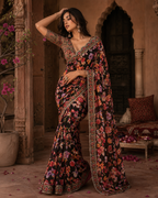 Georgette Digital Print Saree With Unstitched Blouse(Black)