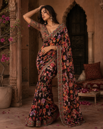 Load image into Gallery viewer, Georgette Digital Print Saree With Unstitched Blouse(Black)
