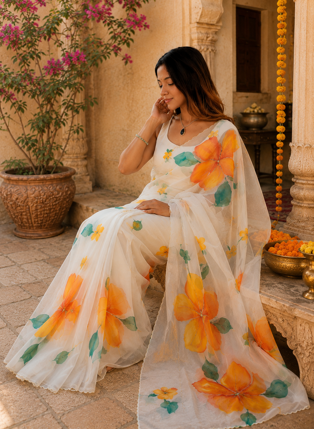 Organza Silk Ready To Wear Saree With Unstitched Blouse(White)
