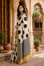 Satin Silk Printed Saree With Unstitched Blouse(Cream)