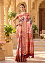 Soft Litchi Silk Digital Print Saree With Unstitched Blouse(Beige)