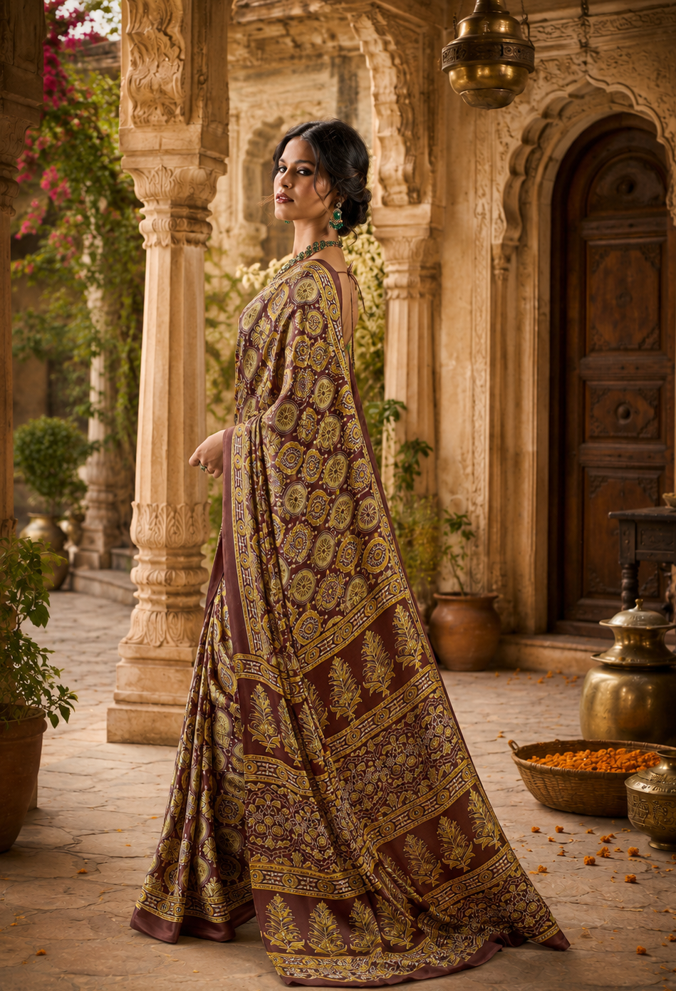 Gorgeous Satin Silk Ajrakh Printed Saree With Unstitched Blouse(Gold)