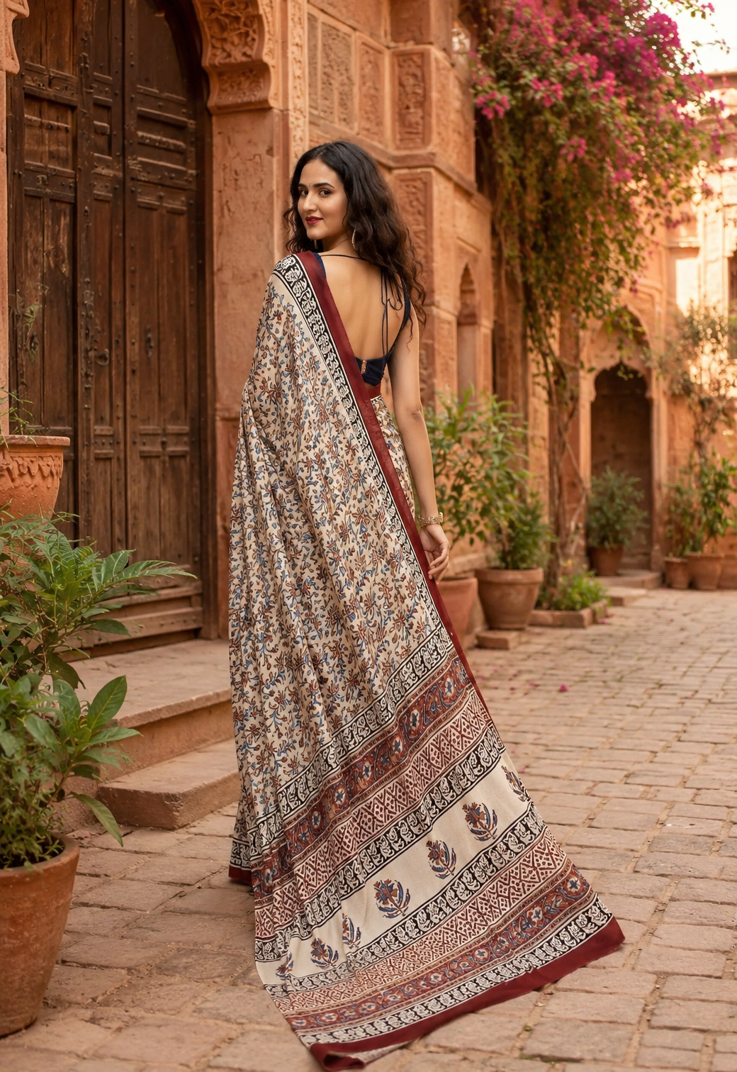 Gajji Silk Ajrakh Printed Saree With Unstitched Blouse(Beige)