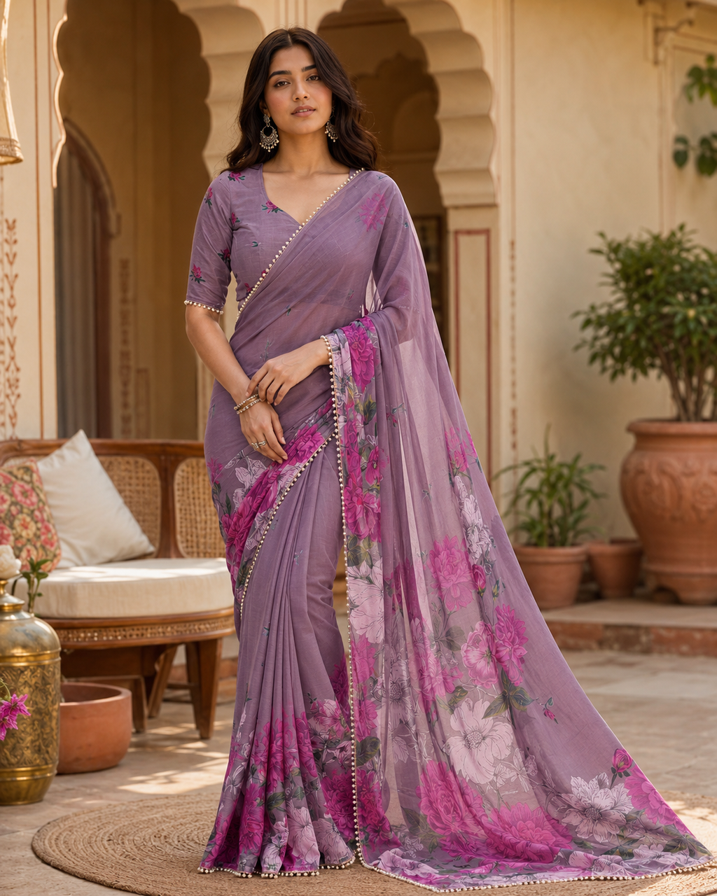 Pure Silk Floral Print Saree With Unstitched Blouse(Violet)