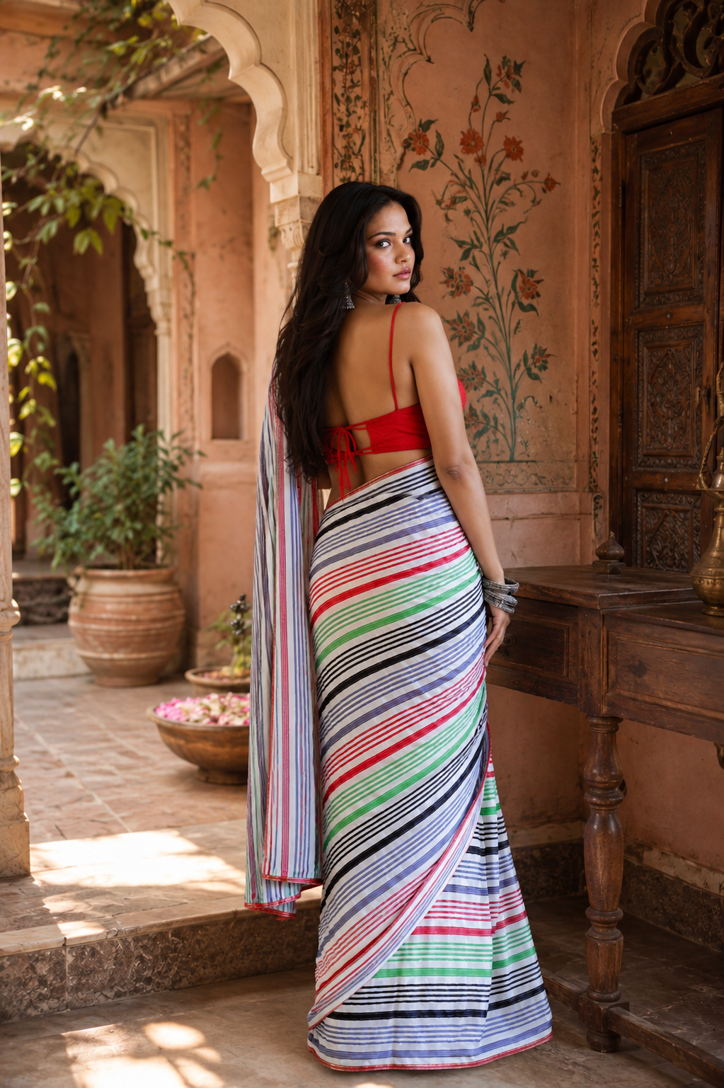 Georgette Printed Ready To Wear Sarees With Unstitched Blouse(Mulled Wine)