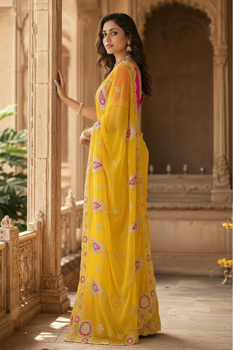 Premium Georgette Embroidery Work Saree With Unstitched Blouse(Yellow)