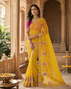 Premium Georgette Embroidery Work Saree With Unstitched Blouse(Yellow)