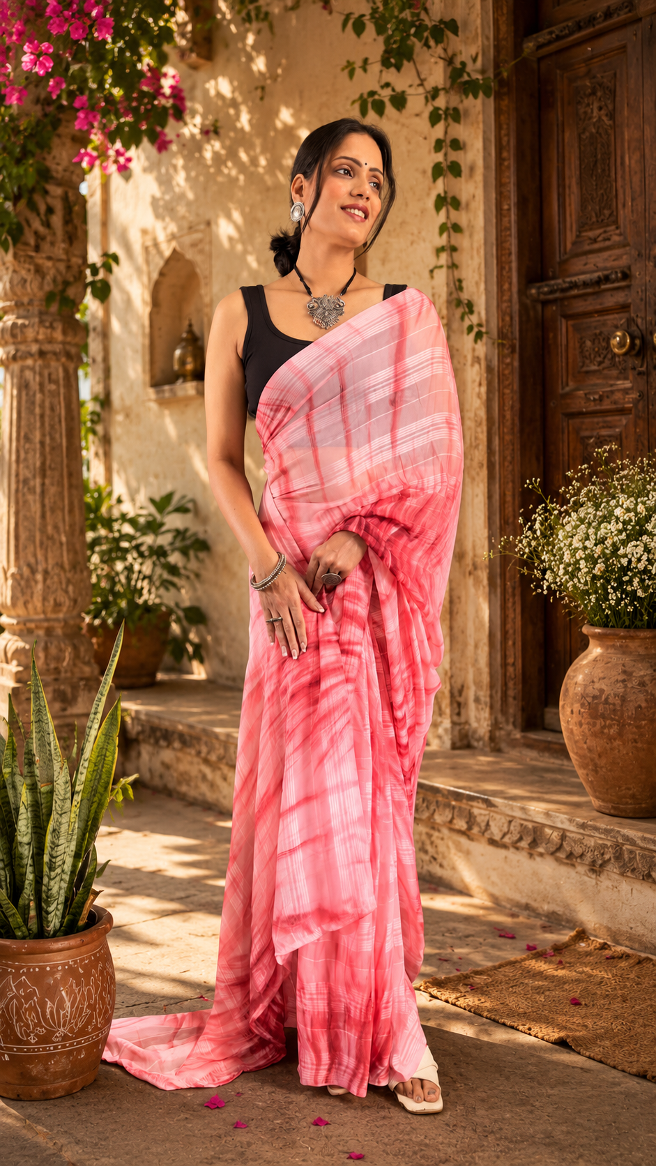 Elegant Georgette Printed Ready To Wear Saree With Unstitched Blouse(Brink Pink)