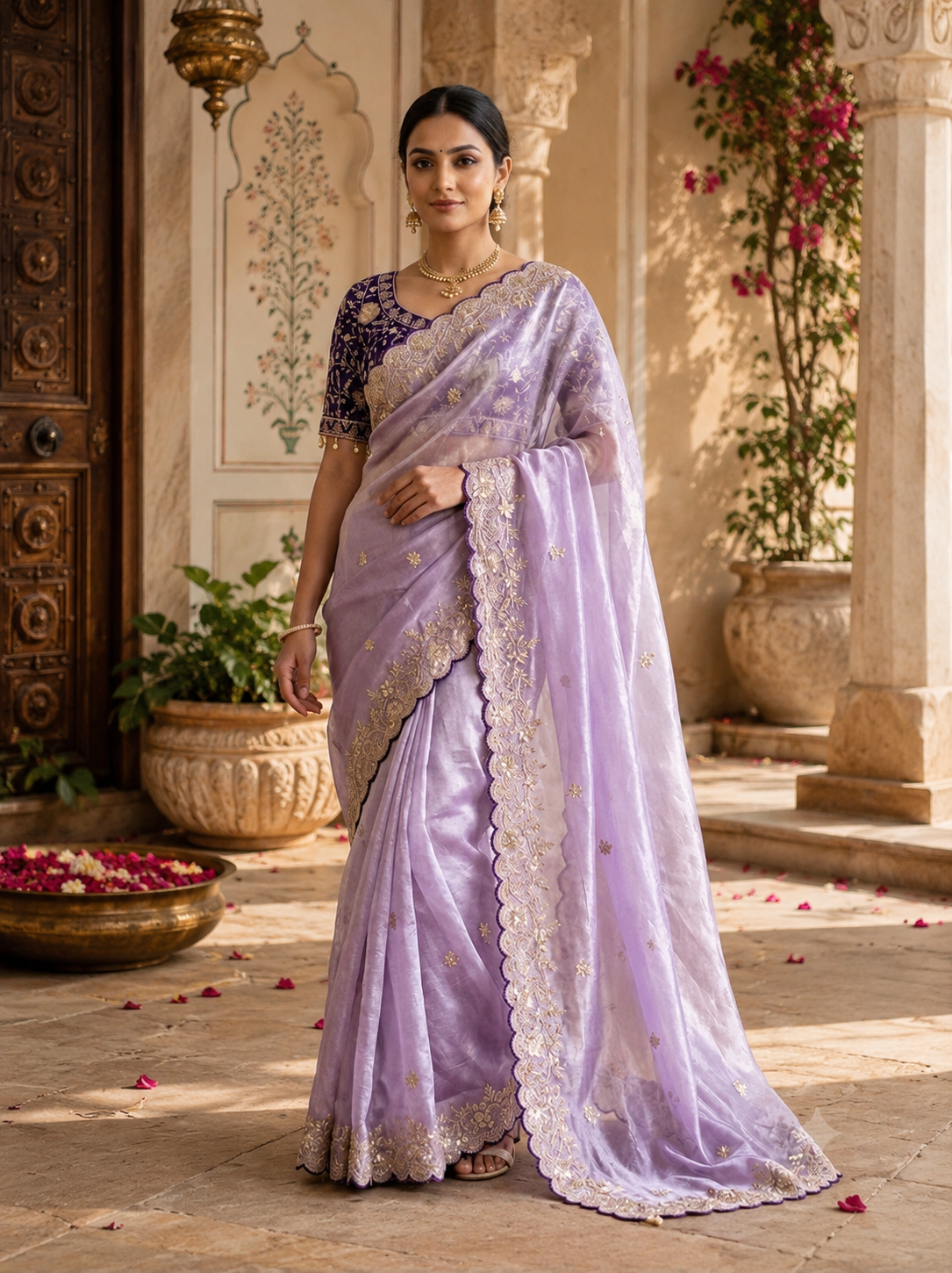 Satin Silk Embroidery Work Saree with Unstitched Blouse(Violet)