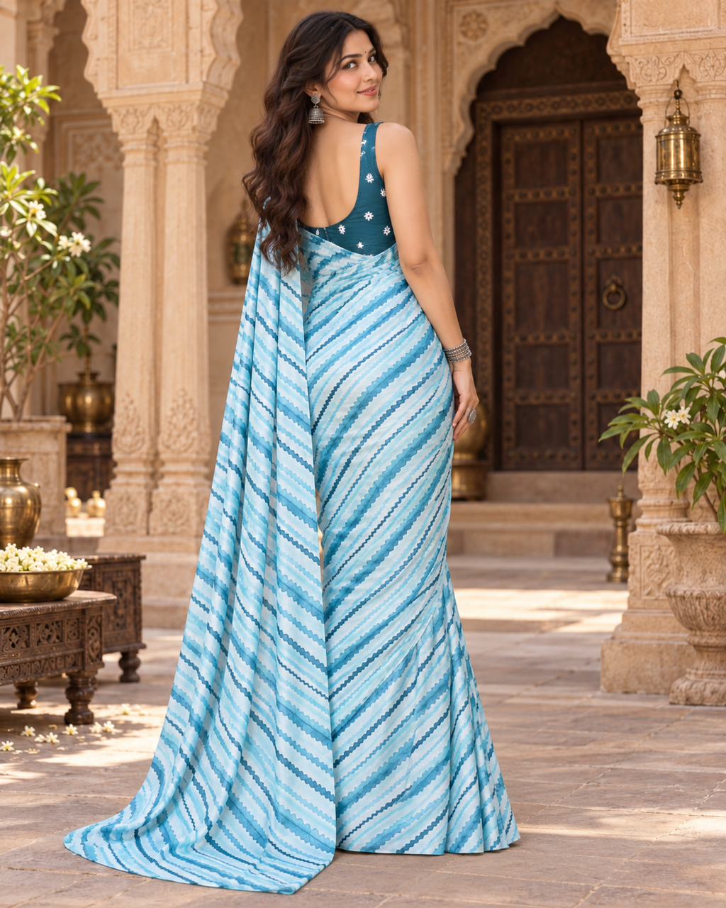 Satin Silk Printed Saree With Unstitched Blouse(Blue)