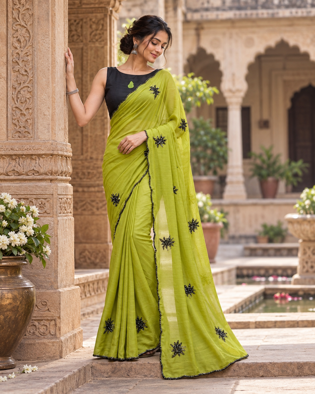 Georgette Sequins Work Saree With Unstitched Blouse(Green)