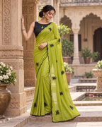 Georgette Sequins Work Saree With Unstitched Blouse(Green)
