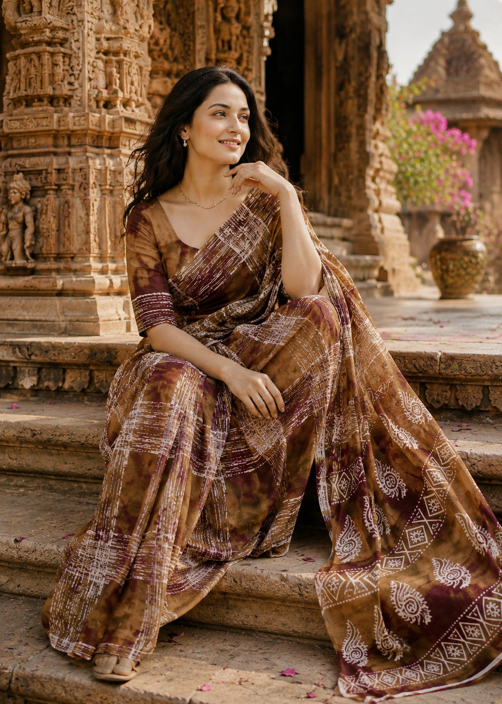 Mulmul Cotton Printed Saree With Unstitched Blouse(Brown)