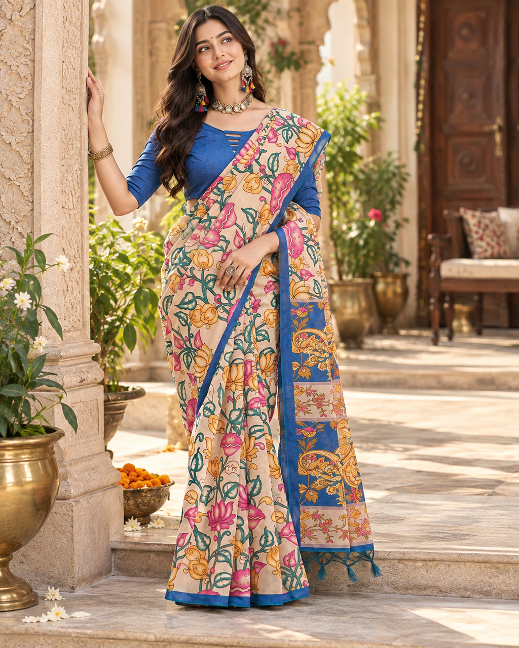 Tussar Silk Kalamkari Printed Saree With Unstitched Blouse(Blue)
