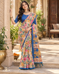 Tussar Silk Kalamkari Printed Saree With Unstitched Blouse(Blue)