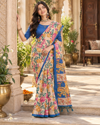 Tussar Silk Kalamkari Printed Saree With Unstitched Blouse(Blue)