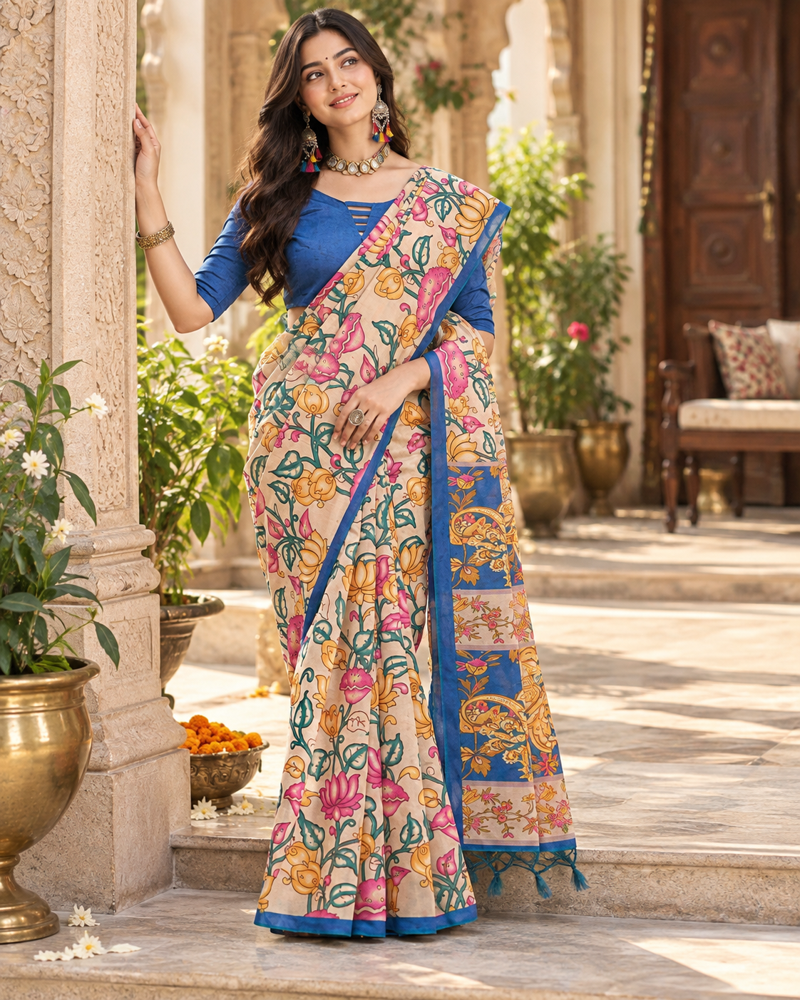 Tussar Silk Kalamkari Printed Saree With Unstitched Blouse(Blue)