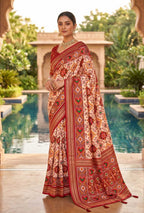 Premium Ashika Handloom Silk Patola Lagadi Patta Zari Border Tassels Saree (Cream)