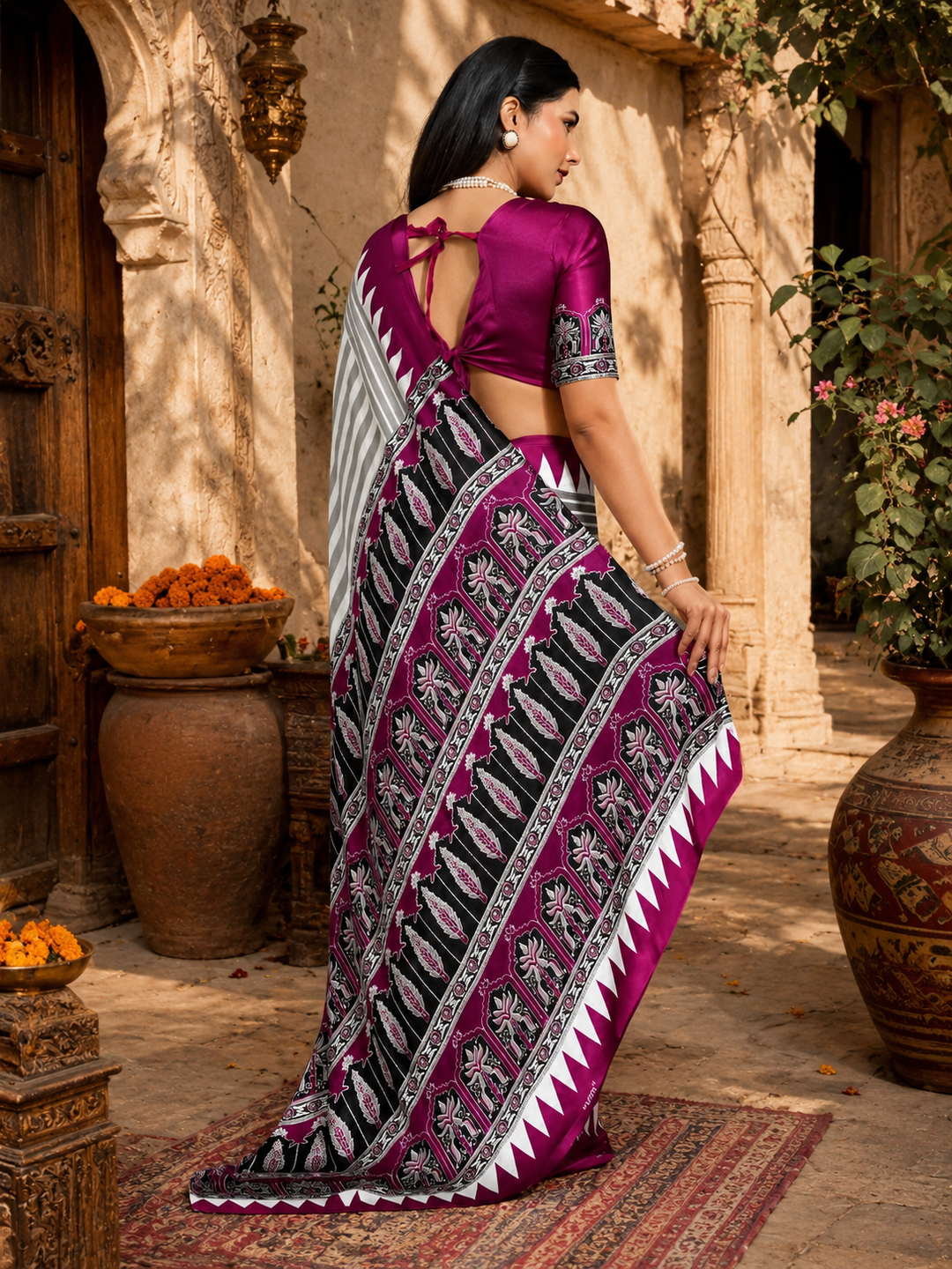 Satin Silk Ajrakh Print Saree With Unstitched Blouse(Wine)