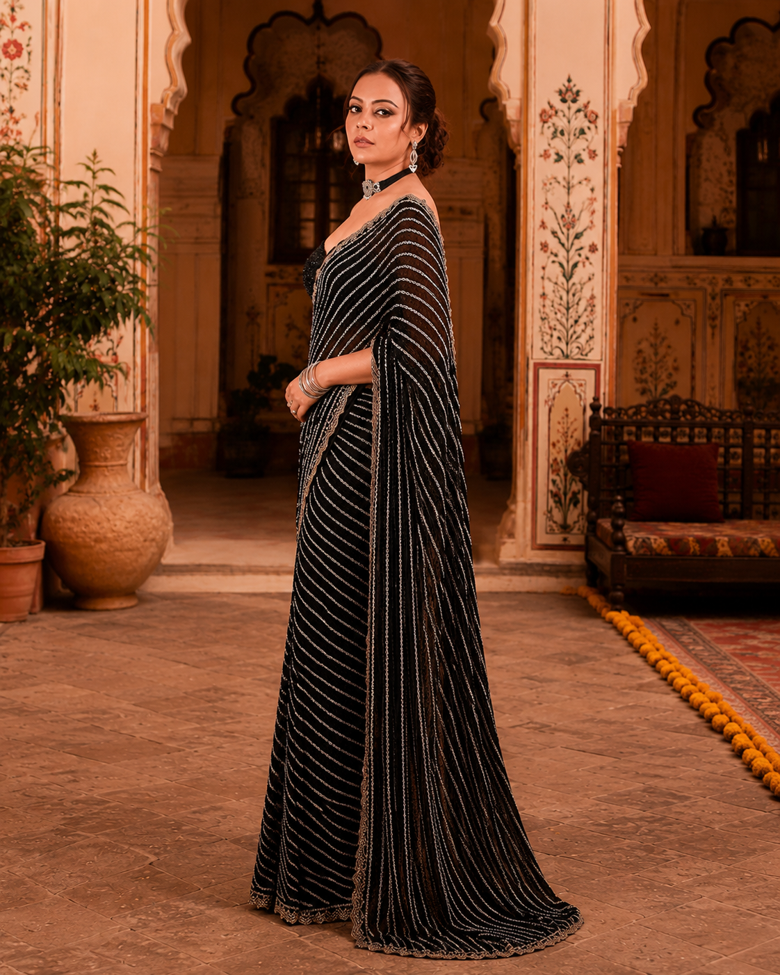 Georgette Sequins Embroidery Work Saree With Unstitched Blouse(Black)