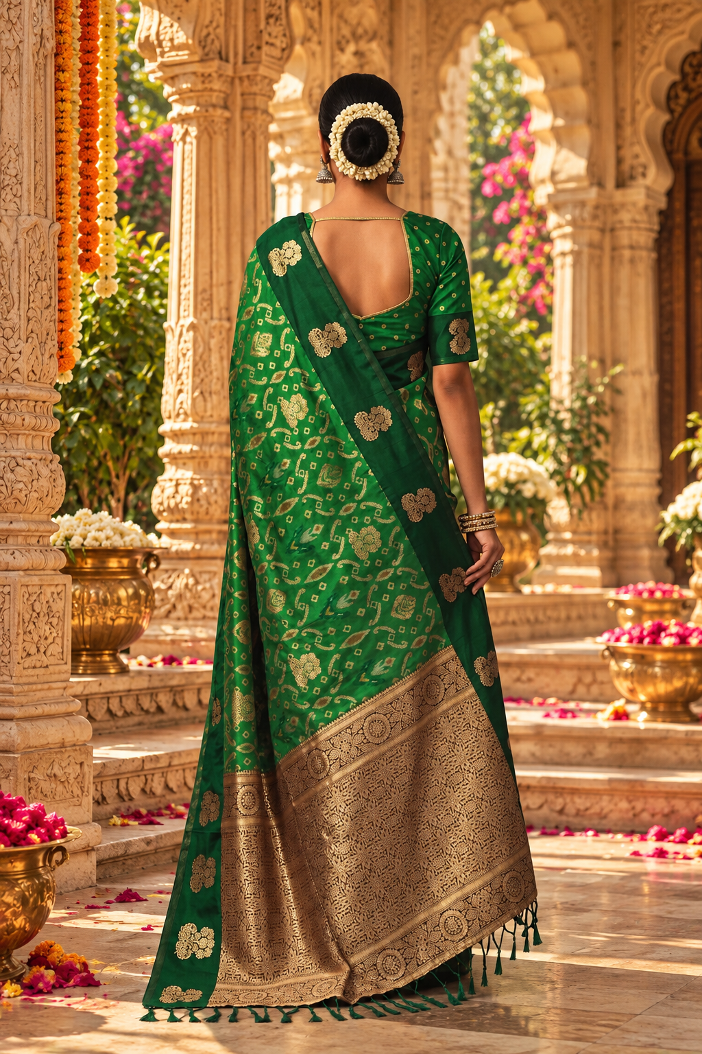 Pure Silk Zari Border Ikat Saree With Unstitched Blouse(Green)