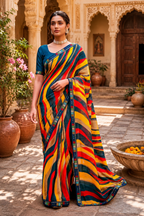 Georgette Digital Print Saree With Unstitched Blouse(Yellow)
