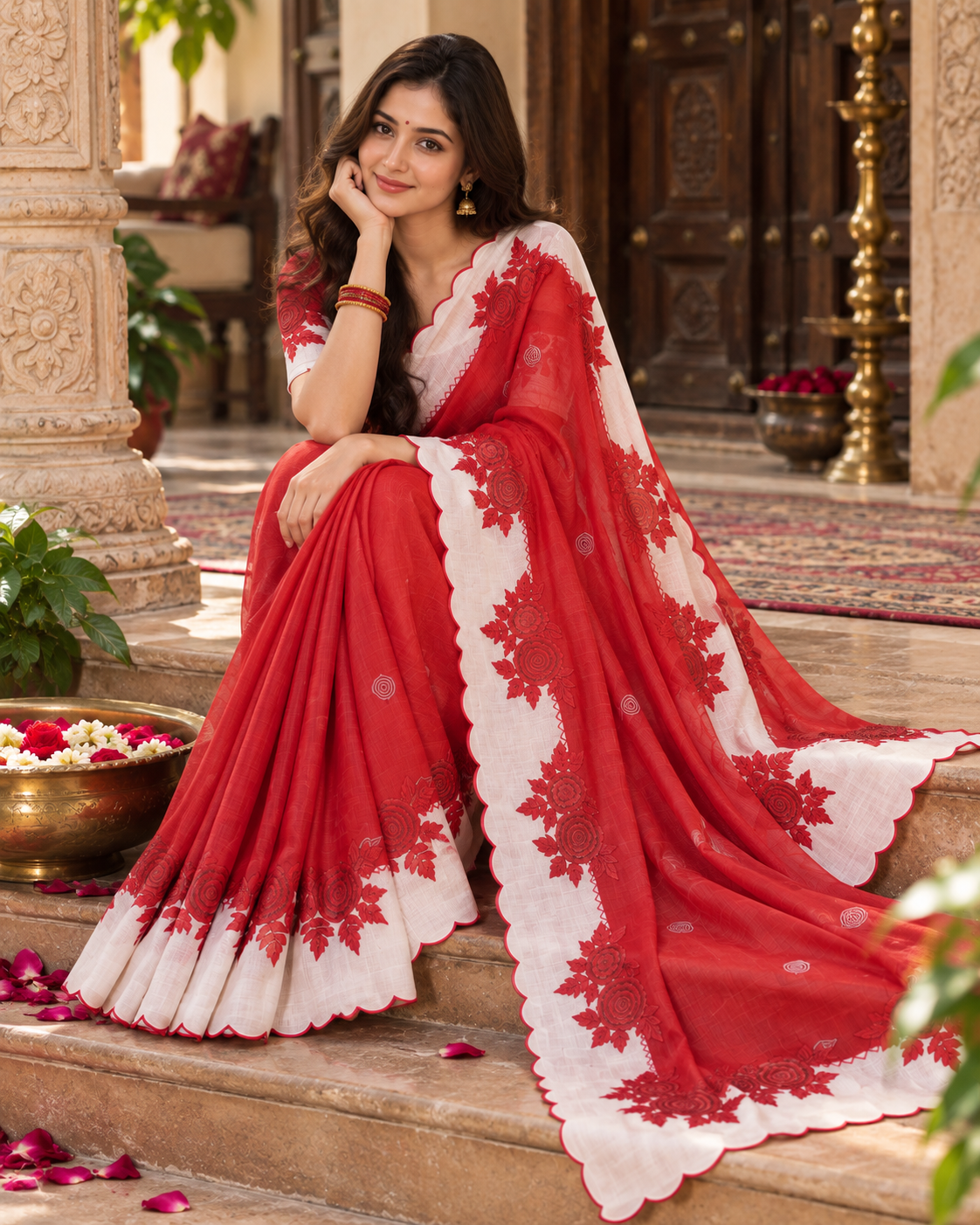 Premium Linen Digital Print Cut work border Saree With Ustitched Blouse (Red)