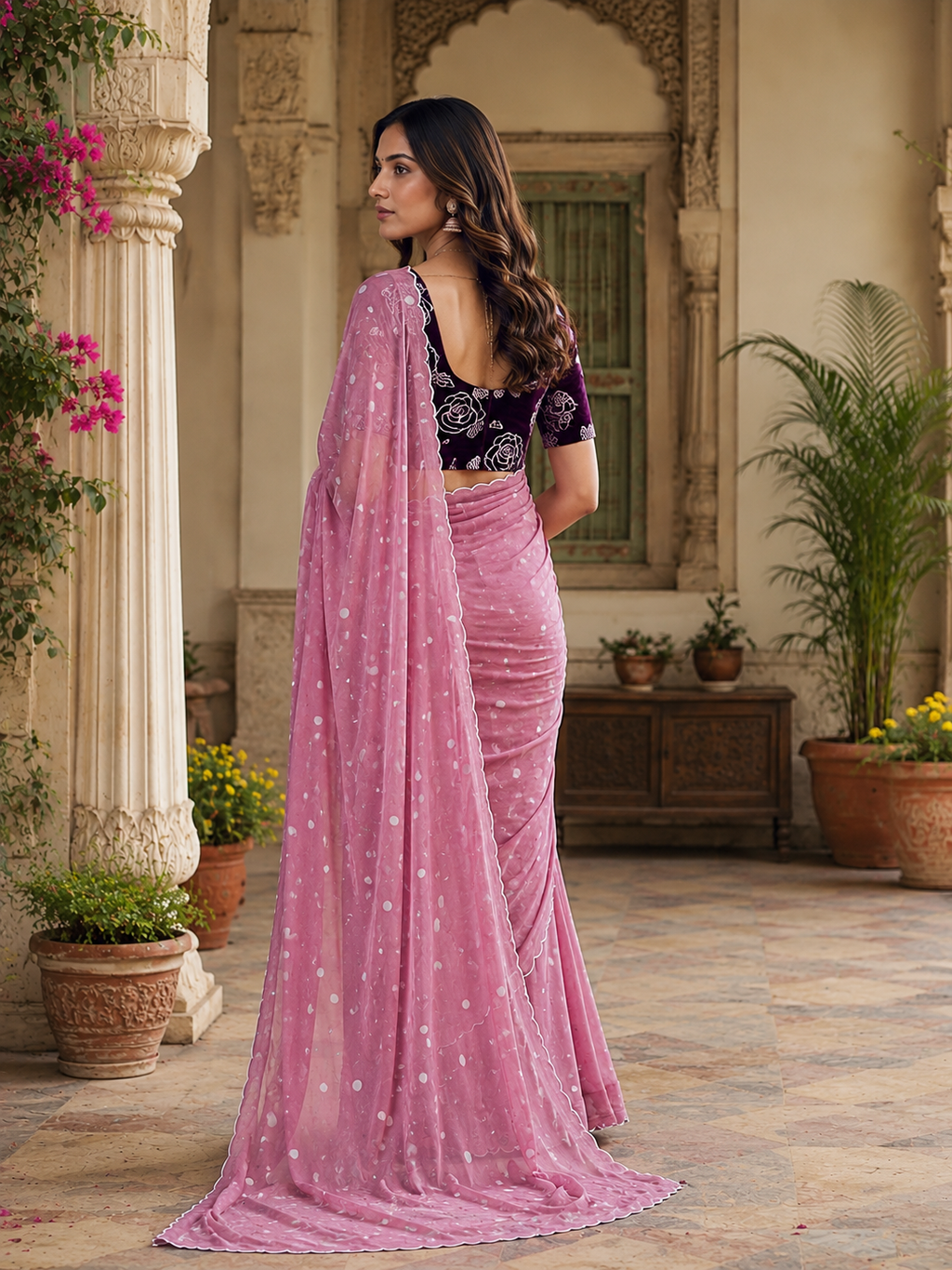 Georgette Embroidery Work Saree with Unstitched Blouse(Dark Pink)