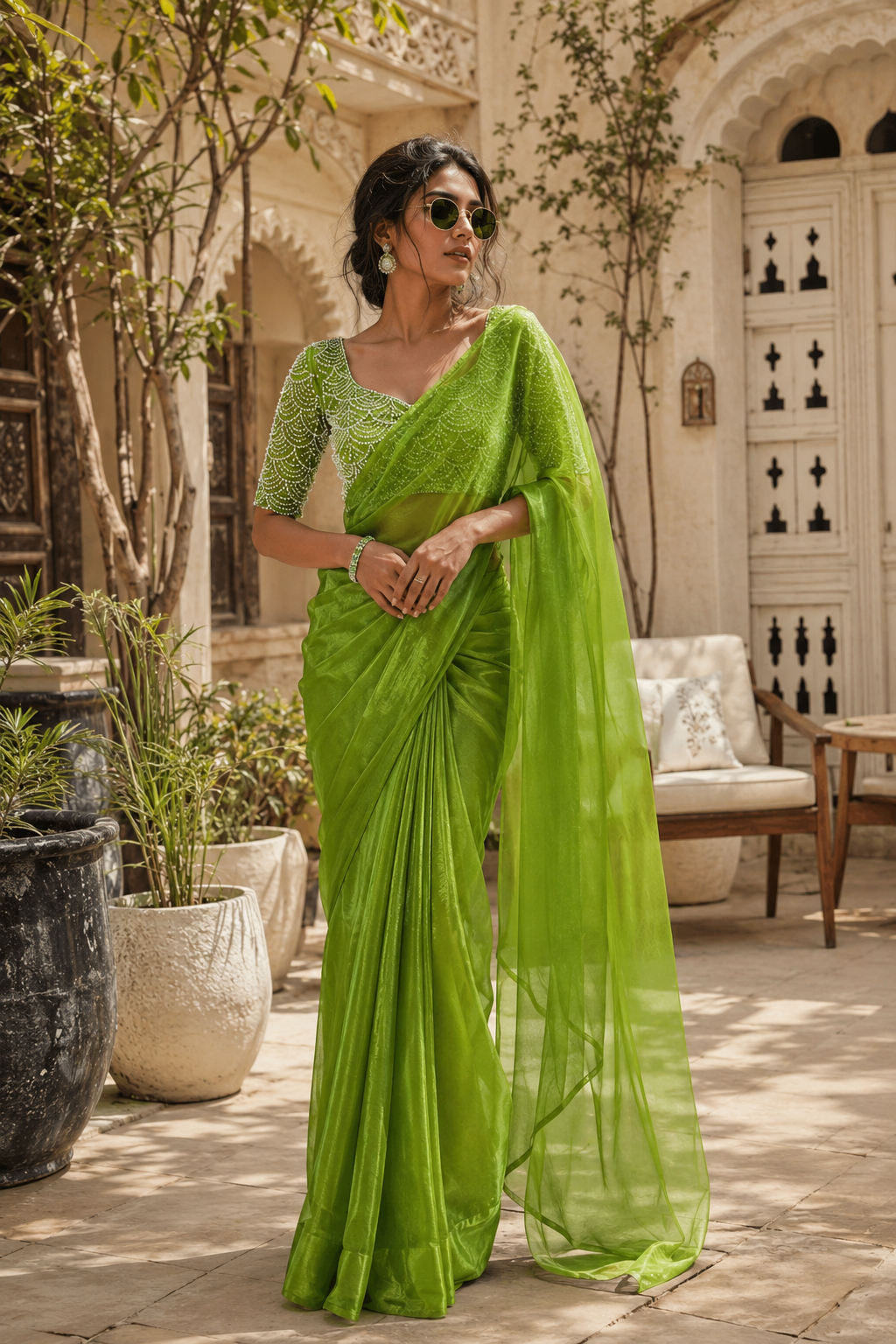 Jimmy Choo Silk Bollywood Saree With Unstitched Blouse(Green)