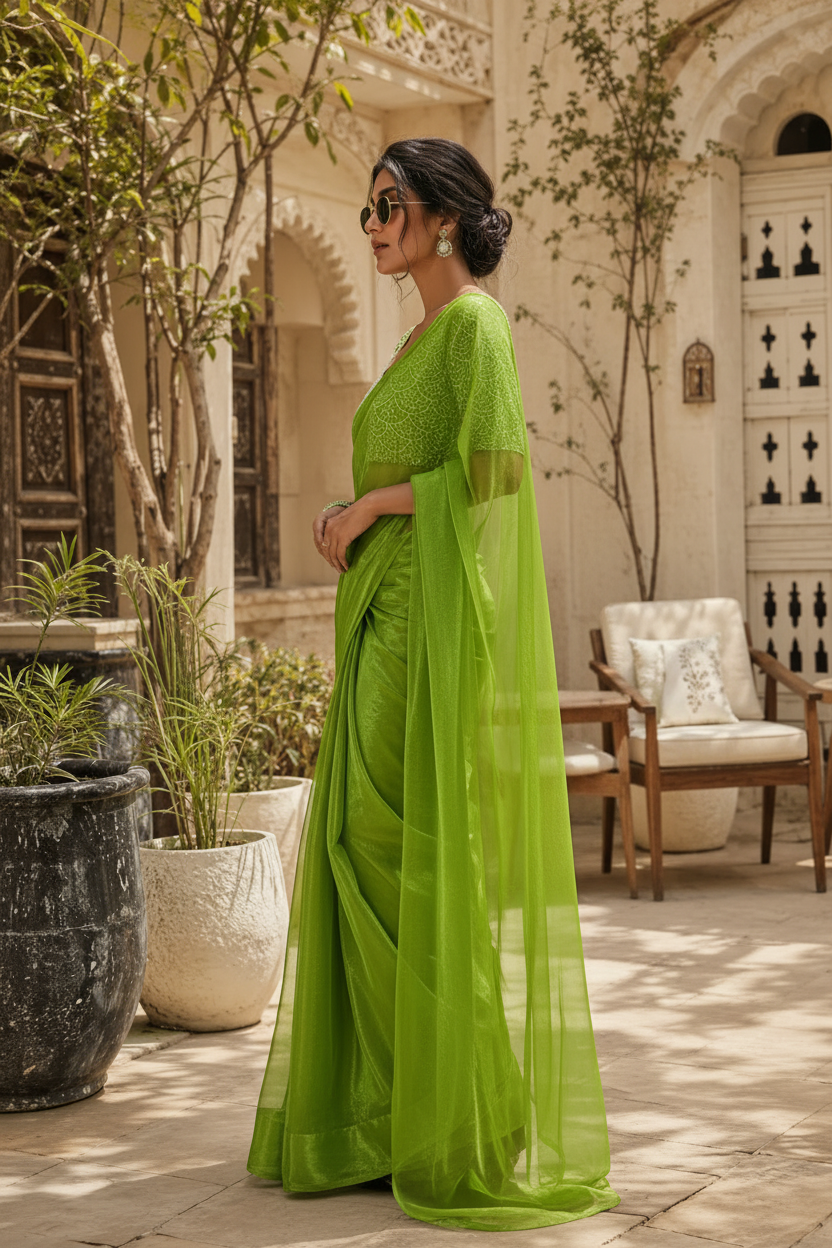 Jimmy Choo Silk Bollywood Saree With Unstitched Blouse(Green)