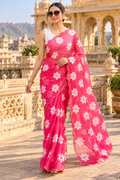 Chinon Silk Floral Print Saree With Unstitched Blouse(Rani)