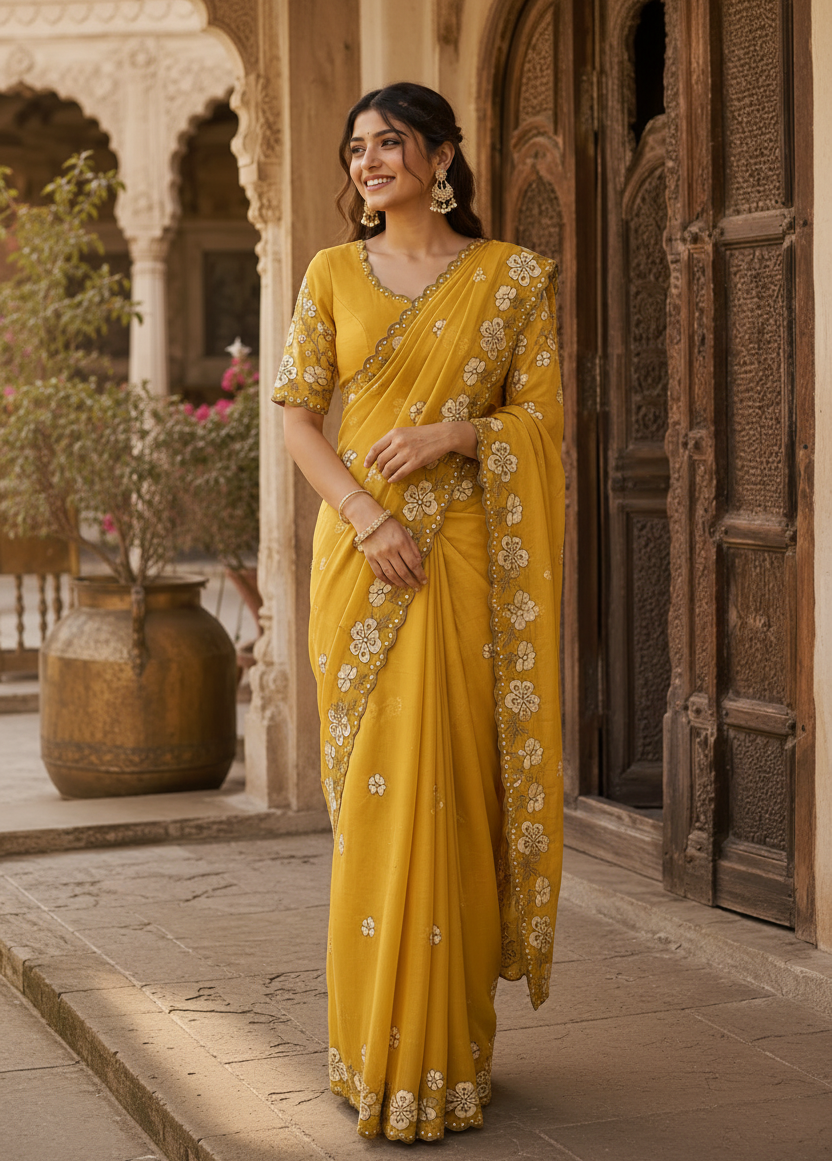Premium Georgette Heavy Work Saree With Unstitched Blouse(Yellow)