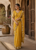 Premium Georgette Heavy Work Saree With Unstitched Blouse(Yellow)
