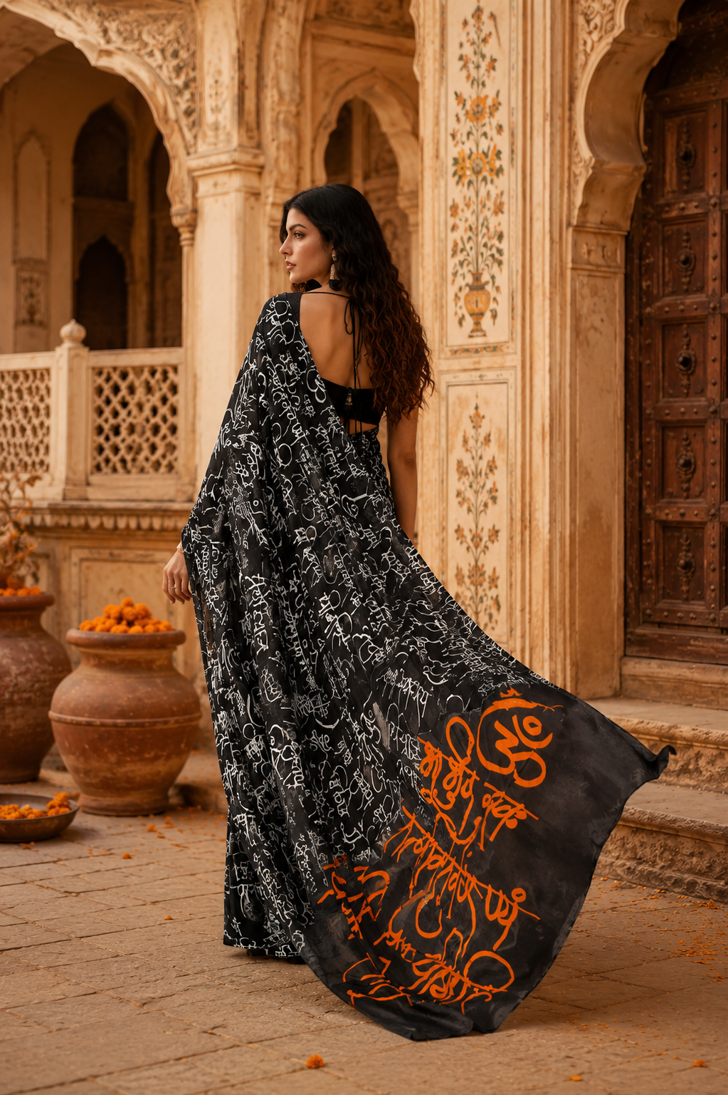 Original Japan Satin Printed Saree With unstitched Blouse(Black)