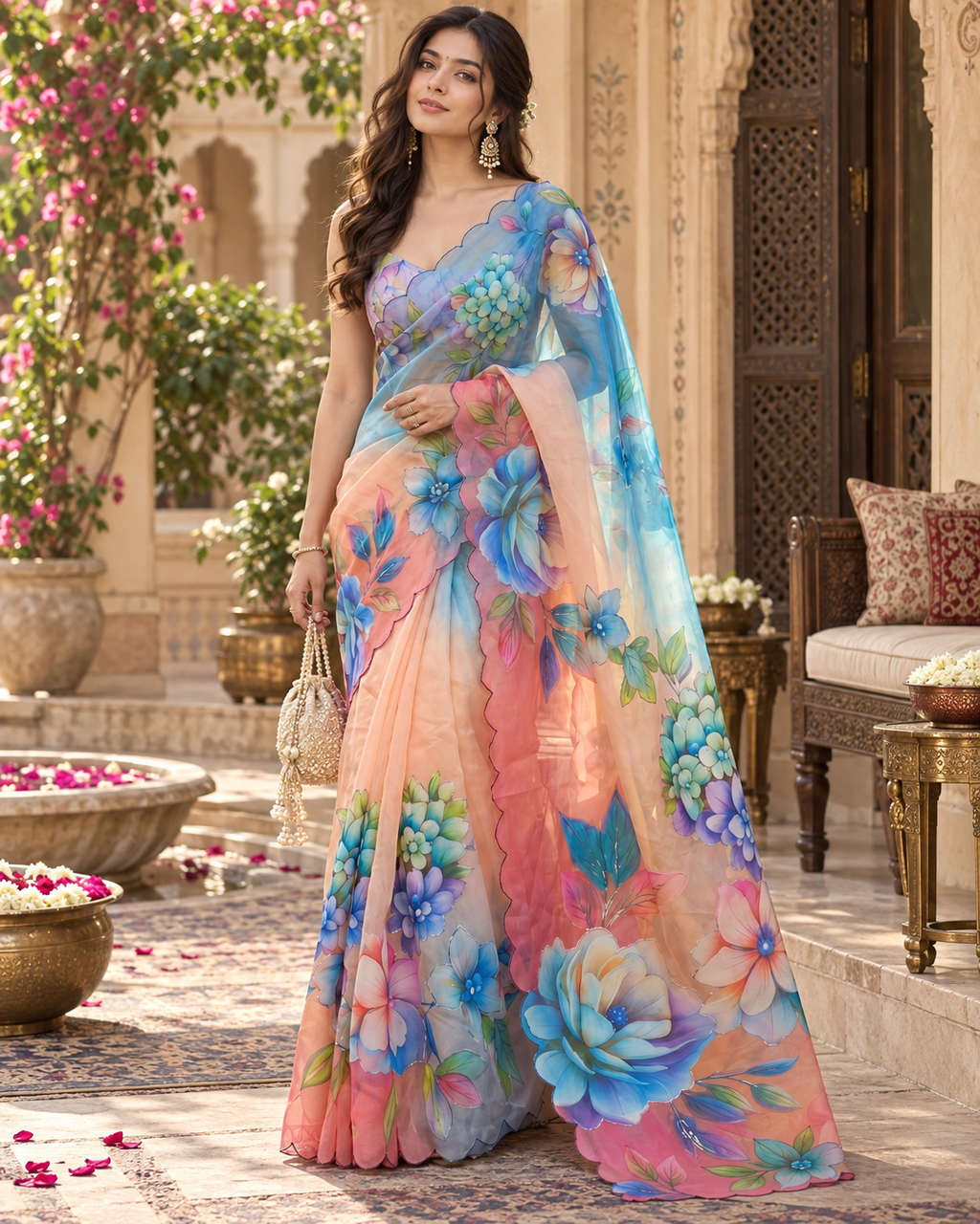 Georgette Digital Print Saree With Unstitched Blouse(Peach)