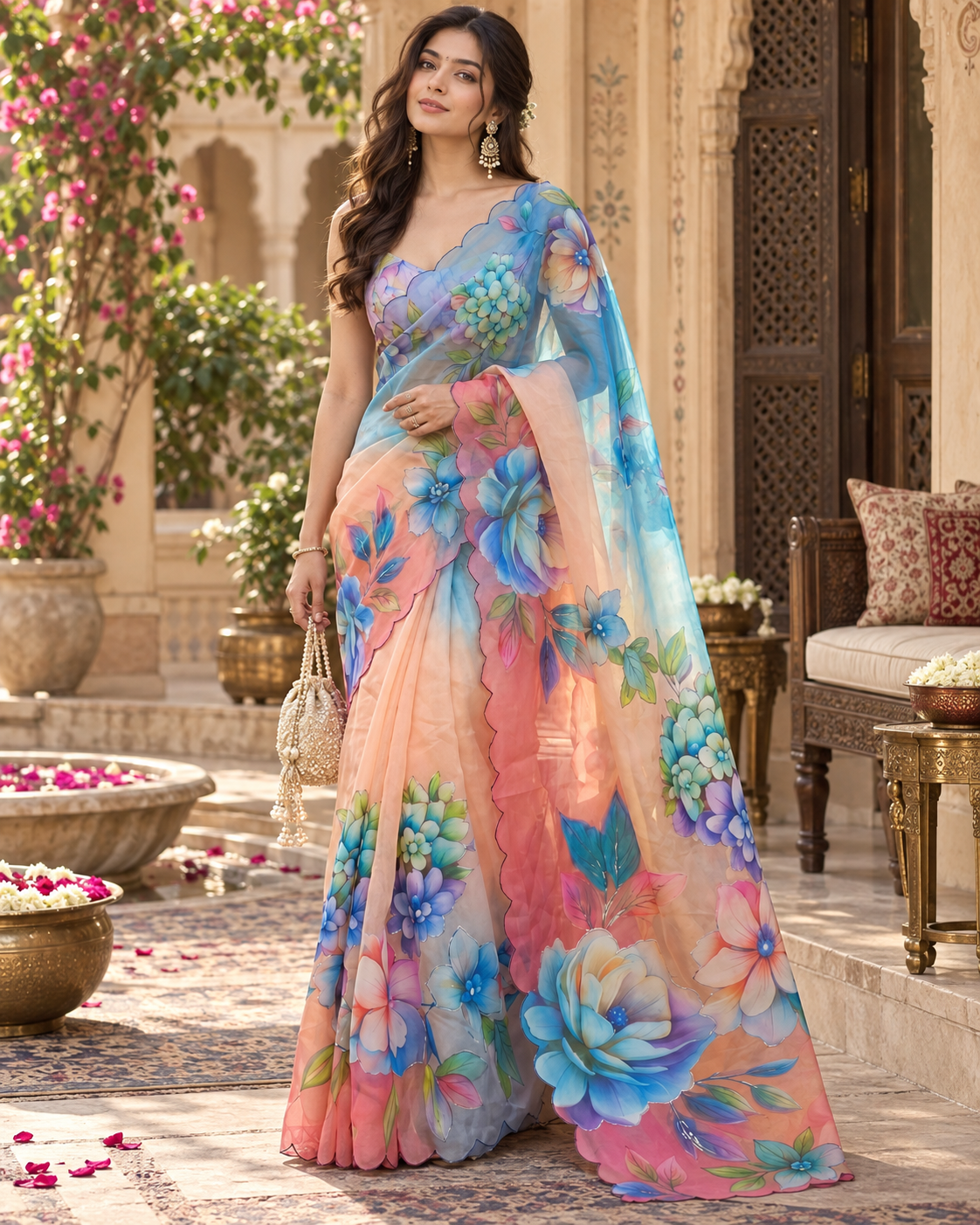 Georgette Digital Print Saree With Unstitched Blouse(Peach)
