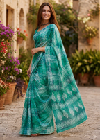 Mulmul Cotton Printed Saree With Unstitched Blouse(Teal)