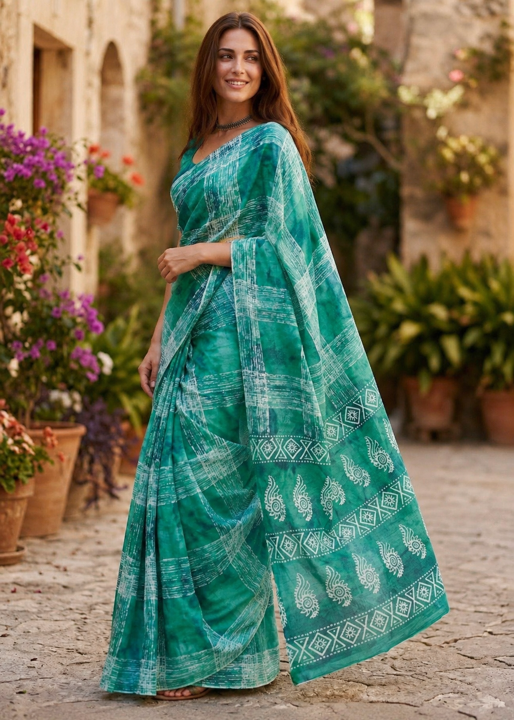 Mulmul Cotton Printed Saree With Unstitched Blouse(Teal)
