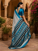 Load image into Gallery viewer, Satin Silk Ajrakh Print Saree With Unstitched Blouse(Blue)
