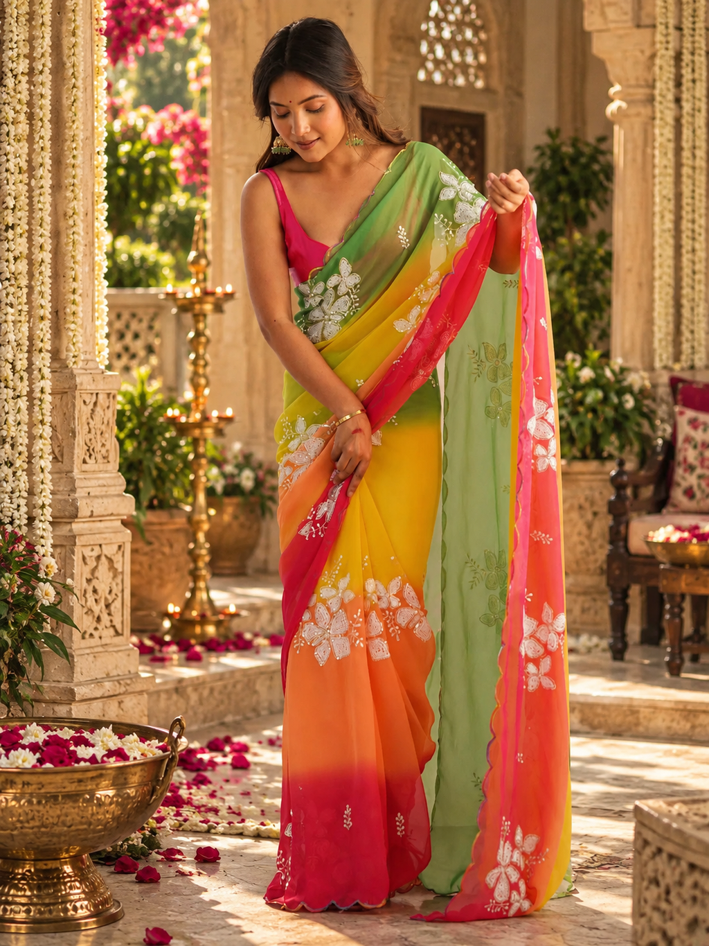 Georgette Embroidery Work Saree With Unstitched Blouse(Orange)